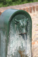 characteristic fountain with bull snout which is symbol of Turin city in Northern Italy and called TORET by inhabitants