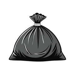 Full black garbage bag tied securely with a white tie and gray shading details