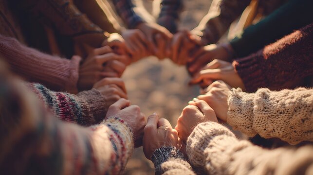 Hands clasped in a circle, representing unity, teamwork, and support in a community. - Powered by Adobe
