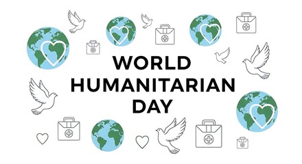 World humanitarian day typography with globe, heart and dove icons isolated on white background