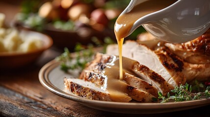 A delightful image of a Thanksgiving turkey dinner with gravy being poured over the turkey.