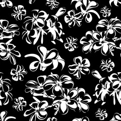 Seamless pattern with white flowers. Plumeria isolated on a black background. Desert and tropical houseplants. 
