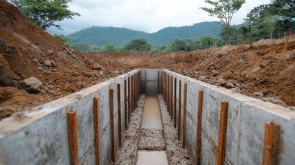 Fototapeta premium Concrete pouring process for strap footings, strap footing design, construction methodology