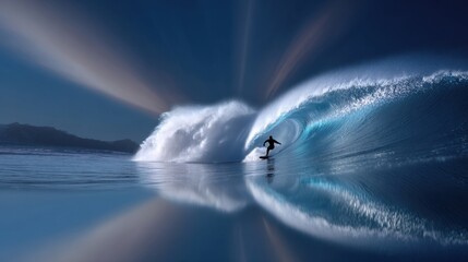 Surfer riding giant wave, spray frozen in air, epic scene, dramatic sky