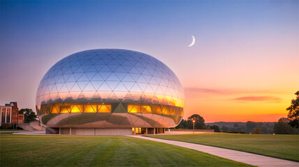 A dramatic architectural photograph of the Geodesic Dome at the University of Wisconsin-Madison at sunset