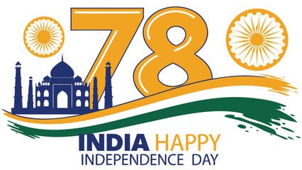 Illustration for 78 India's Happy Independence Day with Taj Mahal and Ashoka Chakra with number seventy-eight on a transparent background silhouette