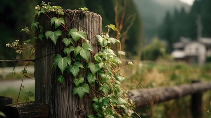 Wooden post with climbing vines in a tranquil rural scene