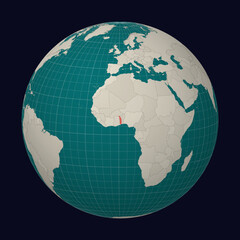Togolese Republic on the map. Globe centered to Togo. Country location on the world map. Teal Pale Mint color palette. Globe with countries, meridians and parallels. Appealing vector illustration.