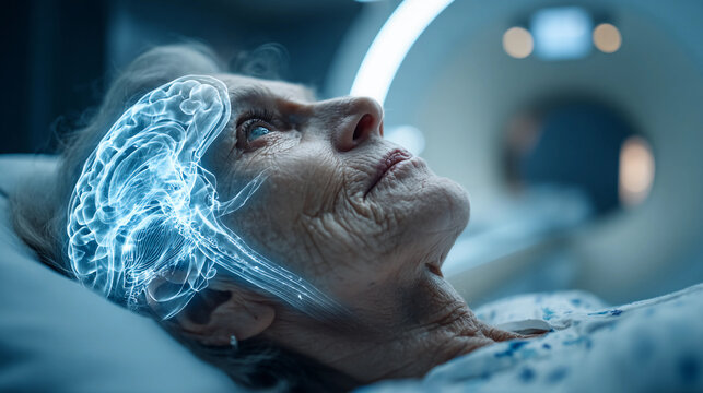 An elderly woman's brain is scanned, showcasing advanced medical imaging technology in action.