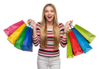 Happy young woman with long blonde hair, holding colorful shopping bags, wearing a striped blouse and white pants, smiling joyfully PNG.