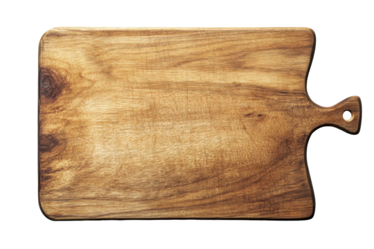 Rustic wooden cutting board with handle isolated on transparent background. Top view of an empty wooden cutting board with a handle isolated on white background.