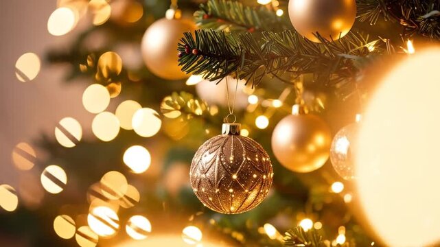 Close-up of a decorated Christmas tree with golden ornaments, warm lights and blurred bokeh effect
