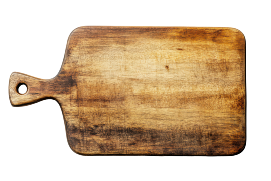 Rustic wooden cutting board with handle isolated on transparent background. Top view of an empty wooden cutting board with a handle isolated on white background. - Powered by Adobe