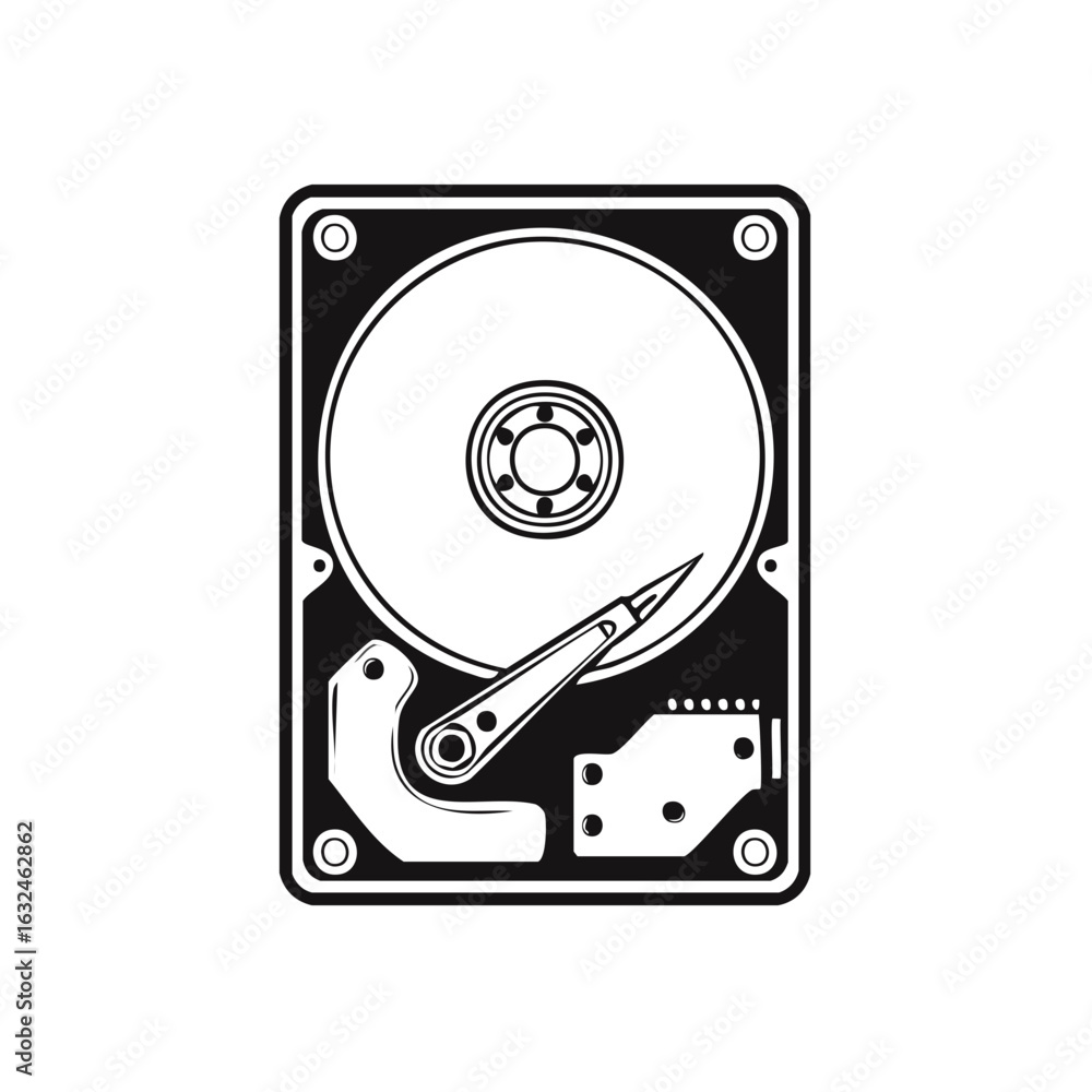 Poster monochrome illustration of a hard disk drive for data storage and computer technology