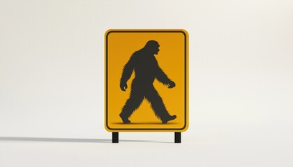 Cryptid Poster: Bigfoot Crossing Sign - Sasquatch Walking Symbol. Silhouette Of Hairy Wild Man Mythical Cryptozoology Creature.