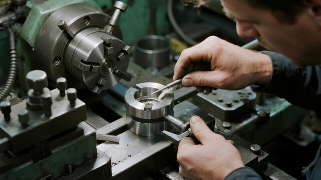 Mechanic operating a lathe machine, adjusting a metal component with precision tools.