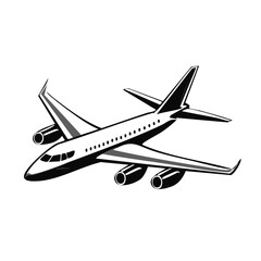 Monochrome airplane illustration with engines and passenger windows, winglets in the air