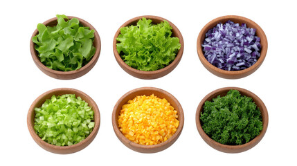 Obraz premium Colorful Chopped Vegetables in Wooden Bowls