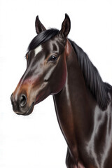 Fototapeta premium Majestic Stallion Portrait: A stunning, close-up portrait showcases a sleek, black stallion, its eyes gleaming with intelligence and pride, its coat reflecting light, against the backdrop.