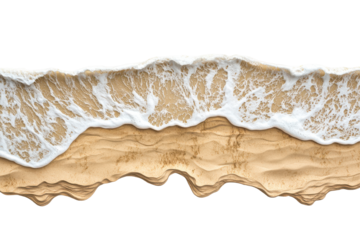 Ocean wave breaking on a sandy beach isolated on transparent background. Top view of ocean waves gently lapping onto a sandy beach isolated on white background.