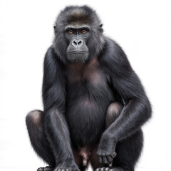 Naklejka premium Majestic Gorilla Portrait: A solitary, silverback gorilla sits calmly, its dark fur contrasting with the studio environment and commanding attention.