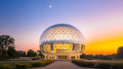Obraz premium A dramatic architectural photograph of the Geodesic Dome at the University of Wisconsin-Madison at sunset