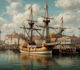 Fototapeta premium Historic ship docked in colonial harbor