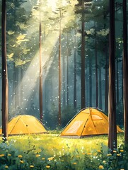 Morning sunlight in the forest campsite