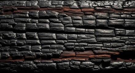 Detailed macro of a burnt log surface. The black, cracked charcoal texture creates a unique natural abstract pattern.
