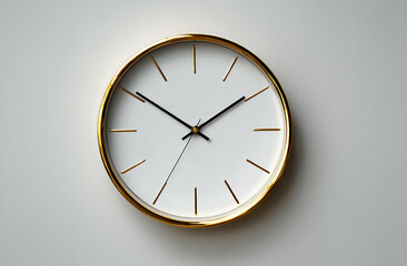 Close up of a modern gold rimmed clock on a light gray background
