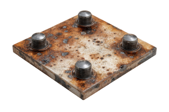 Rusty, square metal plate with four mounted, dark-metal fasteners.  The plate shows signs of weathering and corrosion, appearing aged and used