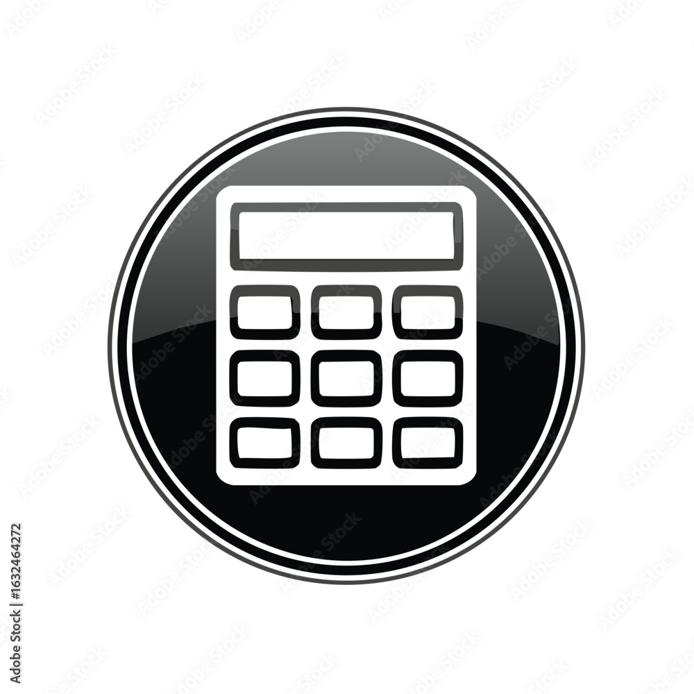 Poster glossy black circular button with a calculator icon for finance and math