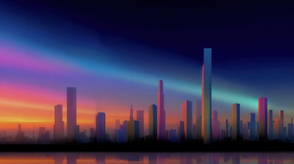 Fototapeta premium Urban skyline at sunset, soft light casting long shadows, cinematic composition, vivid colors
