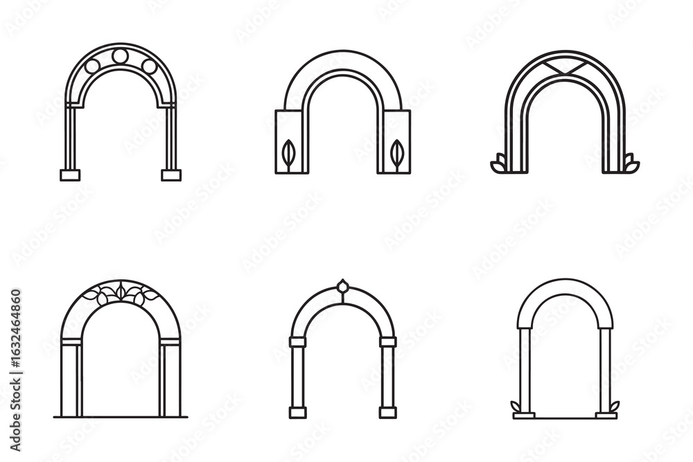 Poster set of six different arch vector designs with simple line art on a white background