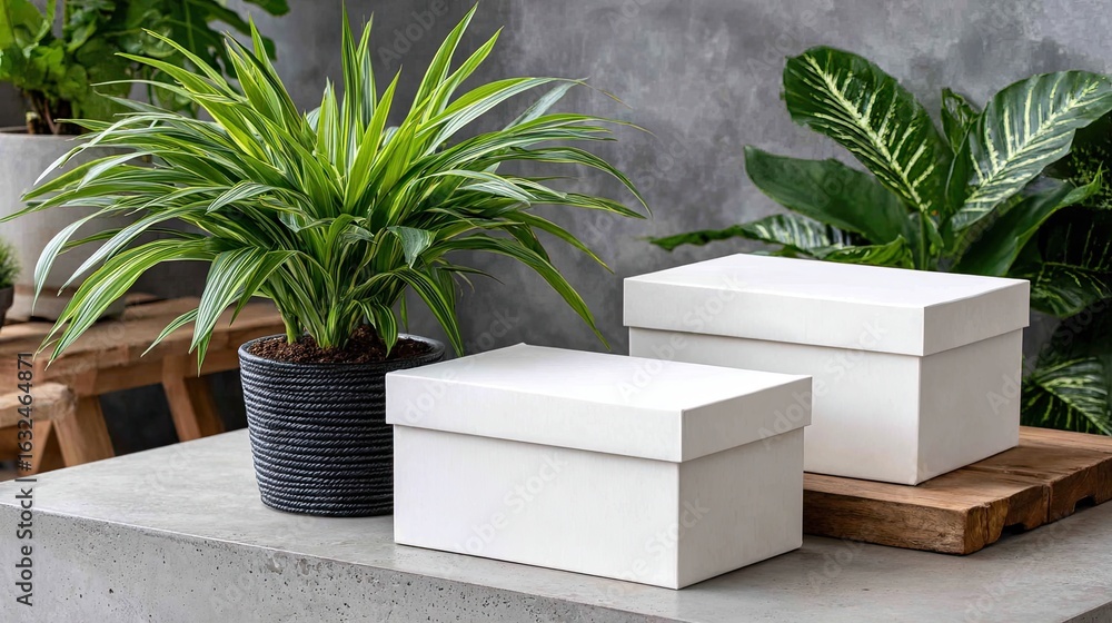 Poster two square white boxes are stacked with greenery resting on top, situated on a concrete podium in a 