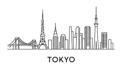 Tokyo skyline with iconic landmarks in minimal linear design
