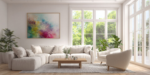 Contemporary living room with abstract art and abundant natural light sofa armchair