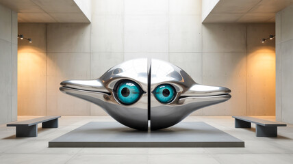 A futuristic industrial art installation featuring a large metallic sculpture of a split dolphin head mounted on a black platform