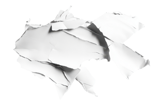 Crumbled torn white paper texture isolated on transparent background. Torn paper isolated on white background. Torn paper isolated on white background.