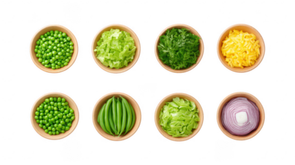 Overhead Shot of Fresh Chopped Vegetables in Wooden Bowls Isolated on Transparent Background