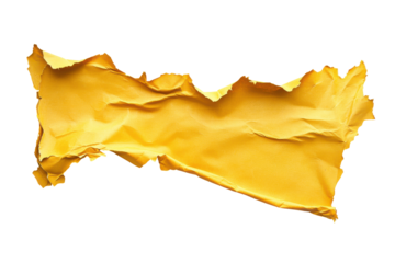 Burnt edges yellow paper texture isolated on transparent background. Torn yellow paper edge reveals isolated on white background.