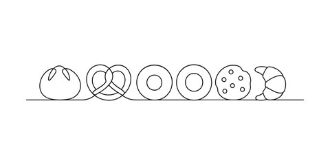 Simple linear bread and pastry icons: bagel, croissant, pretzel, bun, cookie