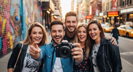 Obraz premium Joyful group of young friends taking a selfie with a professional camera on a bustling city street during their travels