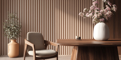 Elegant interior with wooden furniture and floral arrangement chair table
