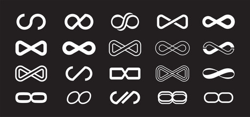 Infinity symbols collection, Loop symbol mobius ribbon shape, for logo design, branding, mathematical representation. Various infinity icon styles, simple to artistic. Endless, eternal, limitless