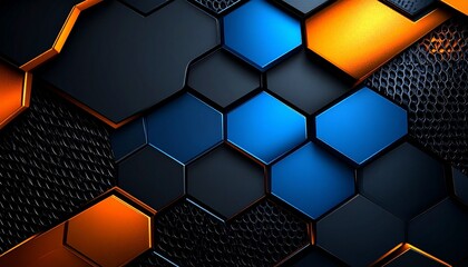 Realistic HD abstract background inspired by sports and fitness, bold tones like electric blue, orange and black, sharp angular shapes and textured overlays like mesh or sweat droplets, strong visual 