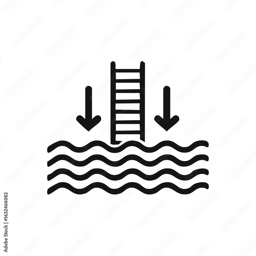 Poster ladder descending into water icon with arrows pointing down representing low tide or water level