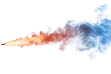 Fiery rocket exhaust plume with smoke isolated on transparent background. Trail of smoke with a fiery tip row isolated on white background.