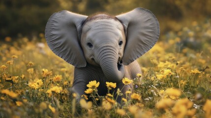 Baby elephant in close-up, peaceful expression, wildflowers around its paws, animal kindness campaign, generative ai