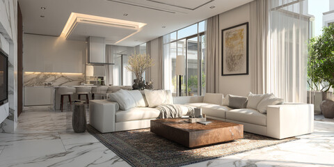 Elegant white sofa with marble accents and modern decor interior
